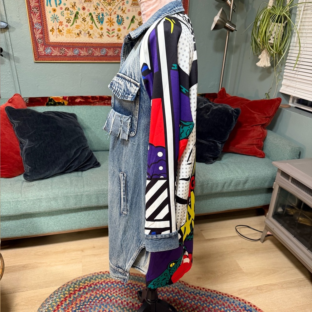 For Her NYC denim colorful cartoon long Jean Jacket L/XL - Picture 4 of 10